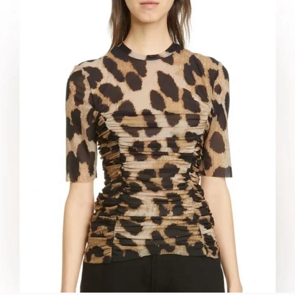 Ganni Leopard print 3/4 mesh top